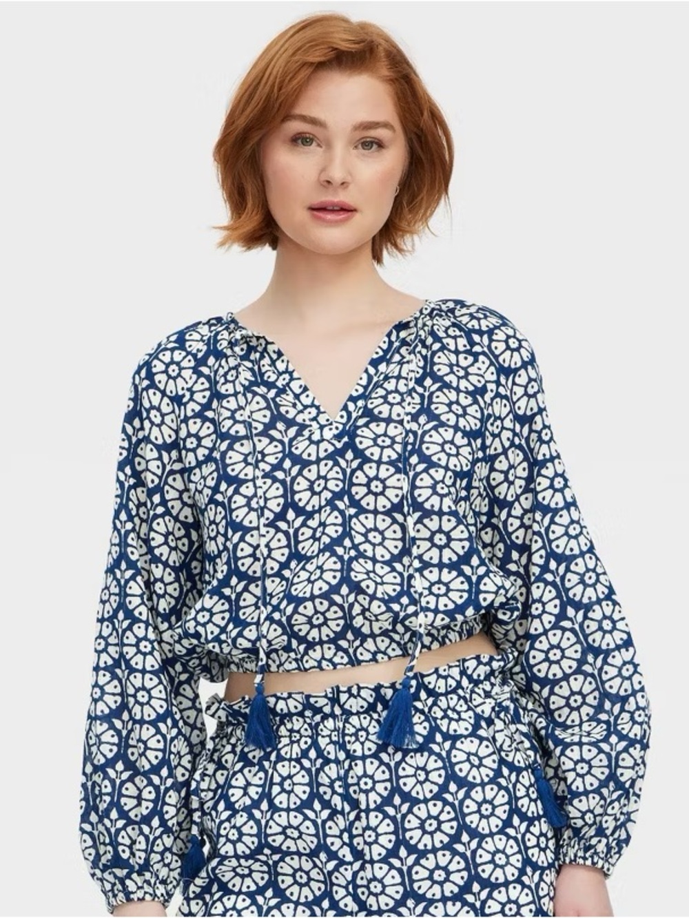Roller Rabbit Blue and White Mosaic V-Neck Crop Top